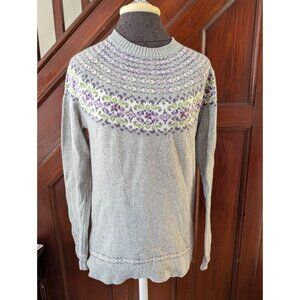 Appleseeds Womens Gray Fair Isle Knit Sweater M 100% Wool Floral Pattern